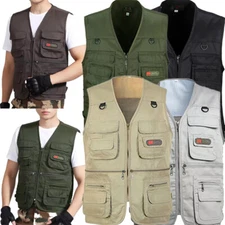 Mens Cargo Vest Multi Pocket Utility Fishing Hiking Camping Gilet Waistcoat Tops