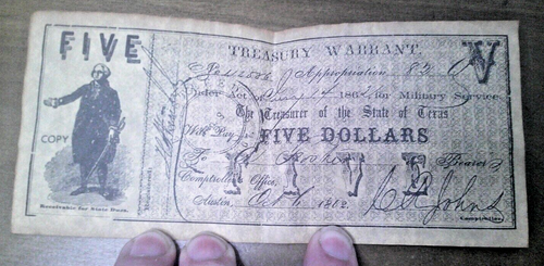 Vintage Looking! Five Dollar State of Texas Confederate Treasury Warrant ~COPY! - Picture 1 of 7