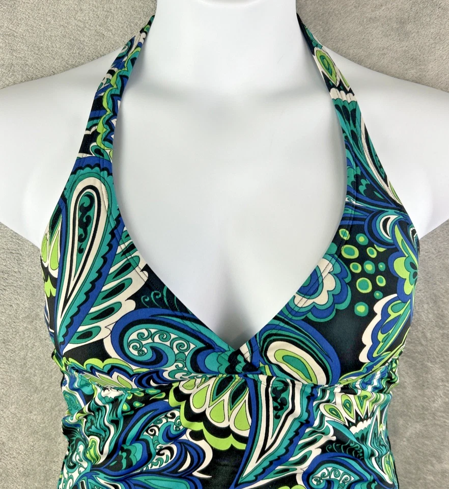 速比涛泳装上衣女士 10 码坦基尼蓝色绿色佩斯利娃娃吊带 — 第 2/4 张图片