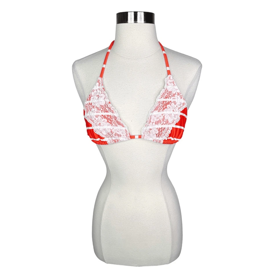 Beach Bunny Swimwear Lady Lace Triangle Bikini TOP ONLY Sz Medium Red Stripes - Image 2 of 4