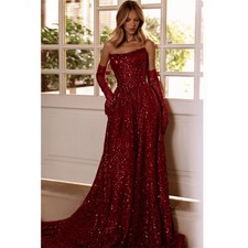 Burgundy Strapless Shiny Sequins Wedding Dresses Detachable Sleeves A-line Gowns