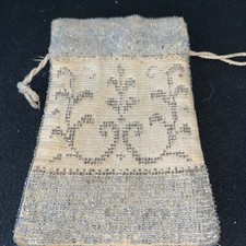 ANTIQUE VINTAGE MICRO BEADED FLORAL RETICULE BAG PURSE Draw String Gray/Blue