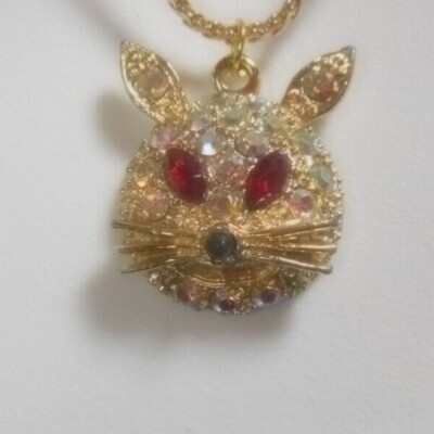 Vintage Rhinestone Cat/Rabbit Head Pendant Necklace
