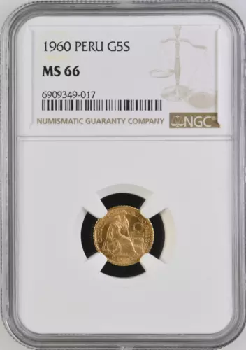 :1960 G5S PERU 5 SOLES SEATED-LIBERTY NGC MS 66 RARITY R6 LOW POP HIGHEST-GRADES
