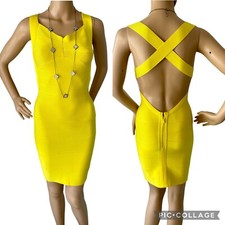 HERVE LEGER Bondage BODYCON RAYON & SPANDEX Strips Yellow Mini DRESS XS