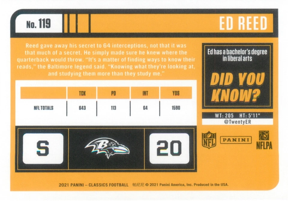 Ed Reed 2021 Panini Classics Football Legends Card #119 Baltimore Ravens - Image 2 of 2