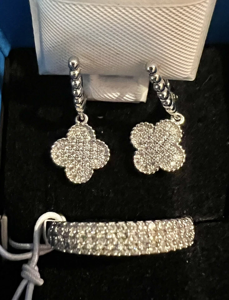 Pave 1.25 Eternity 925 SS Rhodium Plated Band Ring Size 11 & Pave Clover Earring - Imagem 2 de 4