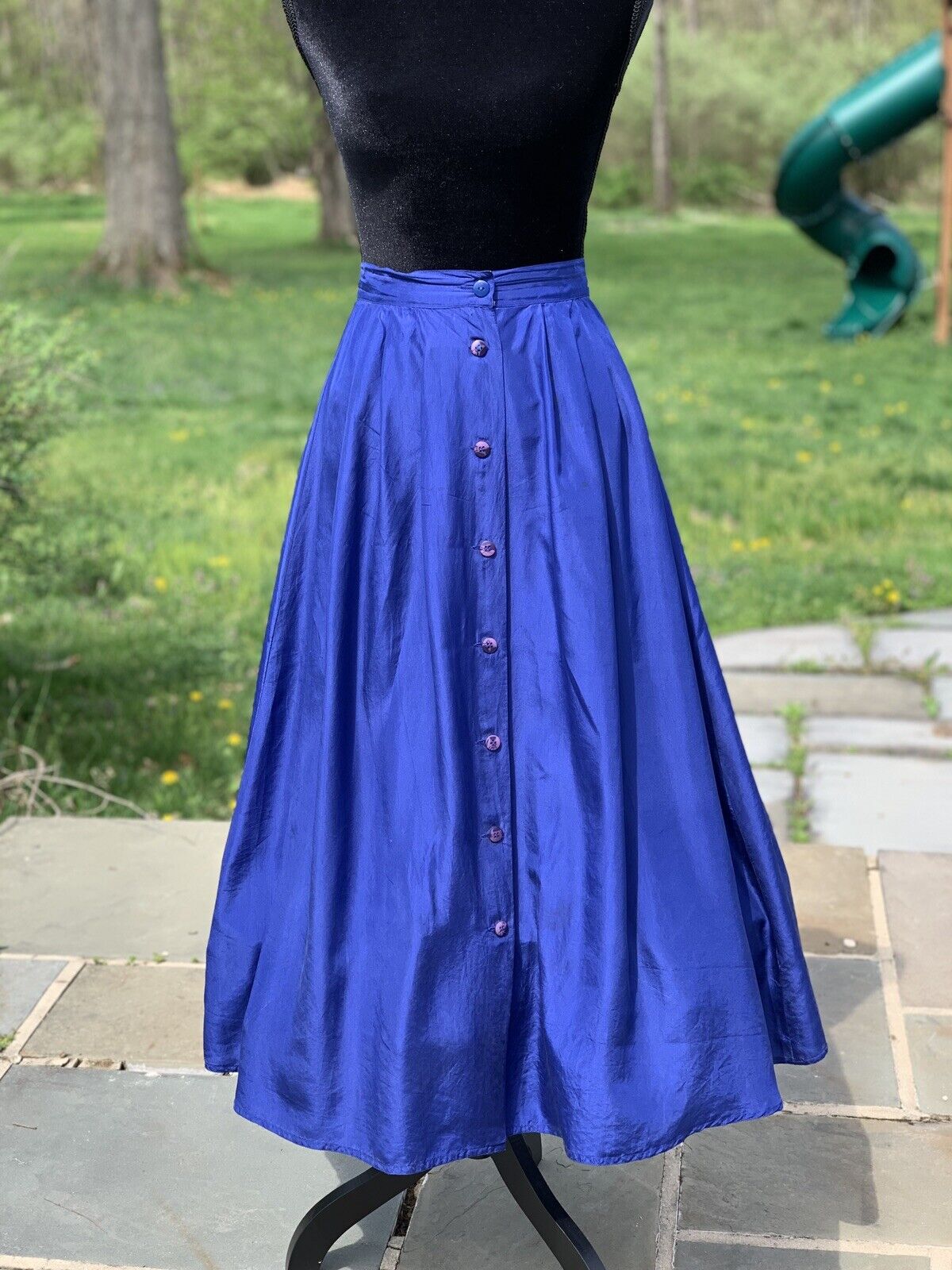 2000's Royal Blue Button Down 100% Silk Skirt Siz… - image 4