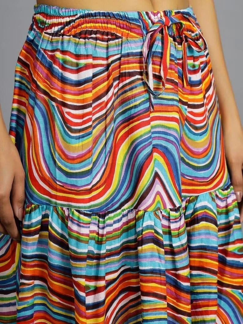 Indian Rainbow Frill Skirt Cotton Striped Long Skirt Free Size Beach Wear Skirts