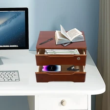 2-Tier Tung Wood Desk Organizer with Lockable Drawers for Home Office Walnut