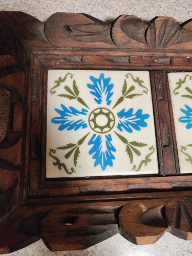Vintage Mexican Green Tile Inlay Hand Carved Wood Serving Tray Rustic MCM - Picture 6 of 8