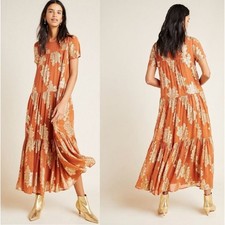 ANTHROPOLOGIE Jocasta Metallic Gold Orange Maxi Dress Sz L {3A37}