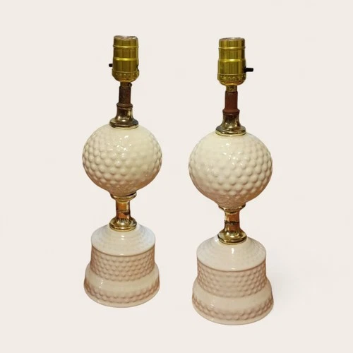 Vintage Hobnail Milk Glass Lamps, No Shades, set of 2