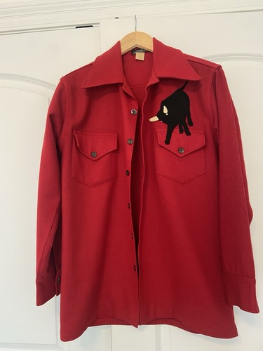 Vintage 1970s Red Wool Shirt Jac-Shirt Bull Appliqué Western Ranchwear Jacket M