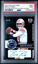 2023 LEAF PRO SET PURE PLATINUM AUTO ROOKIE /15 BROCK PURDY CLEAR-SILVER PSA 9