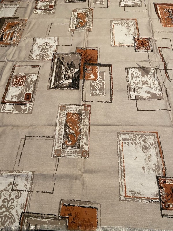 Mid Century 1 Yard+ Tan Rectangles Italy Scenes Printed Curtain Slub Fabric Vint