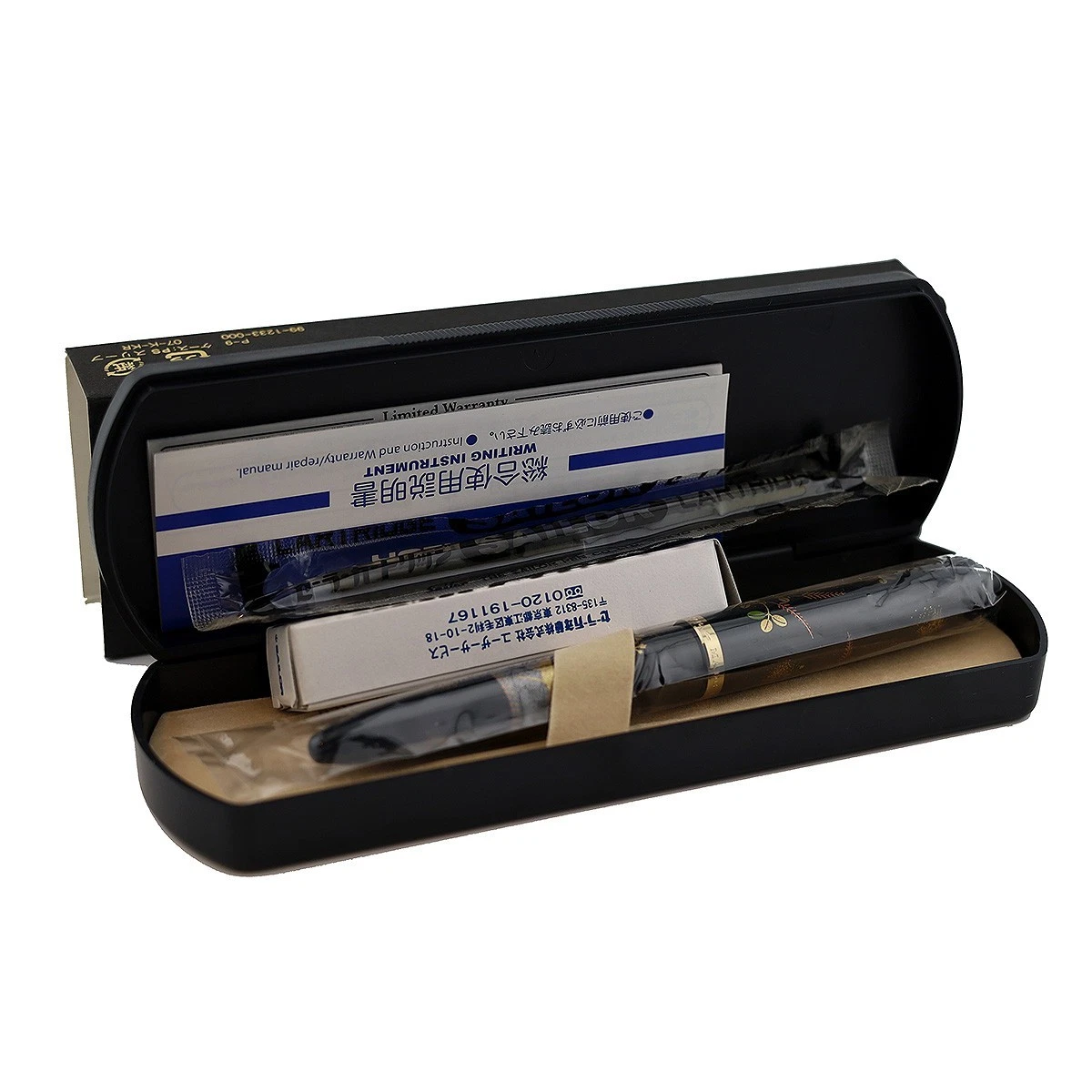 Unworn *jcr_m* Sailor Maki-e fountain pen set in black ink, gold accents, in open box with instructions and warranty card.