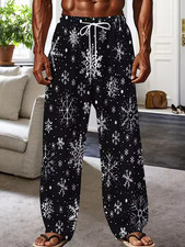 Snowflake Print Pajama Pants Drawstring Waist Winter Holiday Lounge Sleepwear