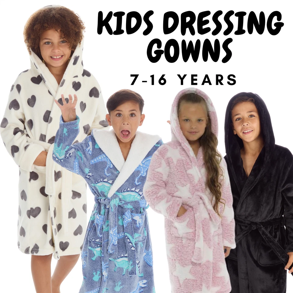 STYLE IT UP Kids Fleece Dressing Gown Unisex Boys Girls Soft Warm Childrens Robes 7-16 Years