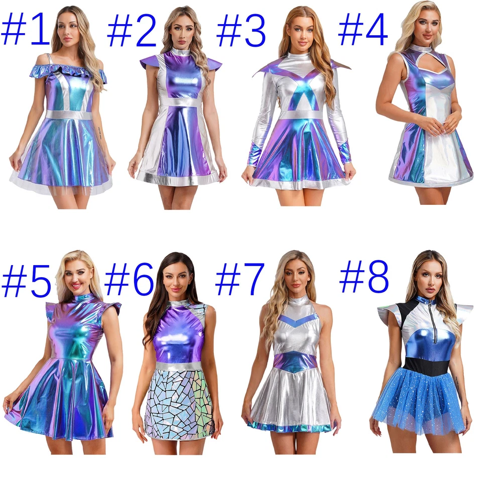 Womens Alien Costume Metallic Shiny Halloween Space Cadet Dress Fancy Dress - Image 2 of 4