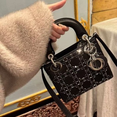 Dior Lady Dior Mini Bag Black Satin Crystal Cannage Silver