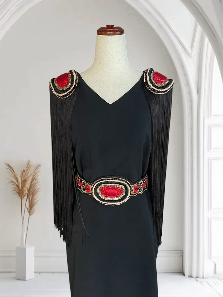 Vestido De Colección La Perla Negro Cuentas Charretera Largo Flecos Escote Espalda Abierta IT 44 US 8 Foto 4 de 4