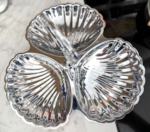 Vintage Irvinware muschelförmiges Leckerbissen Tablett mit Griff verchromt Servierschale - Bild 9 von 10