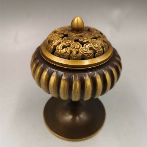 Ancient Copper High Foot Pumpkin Incense Burner Incensory Ornaments Dish Censer - Picture 5 of 10