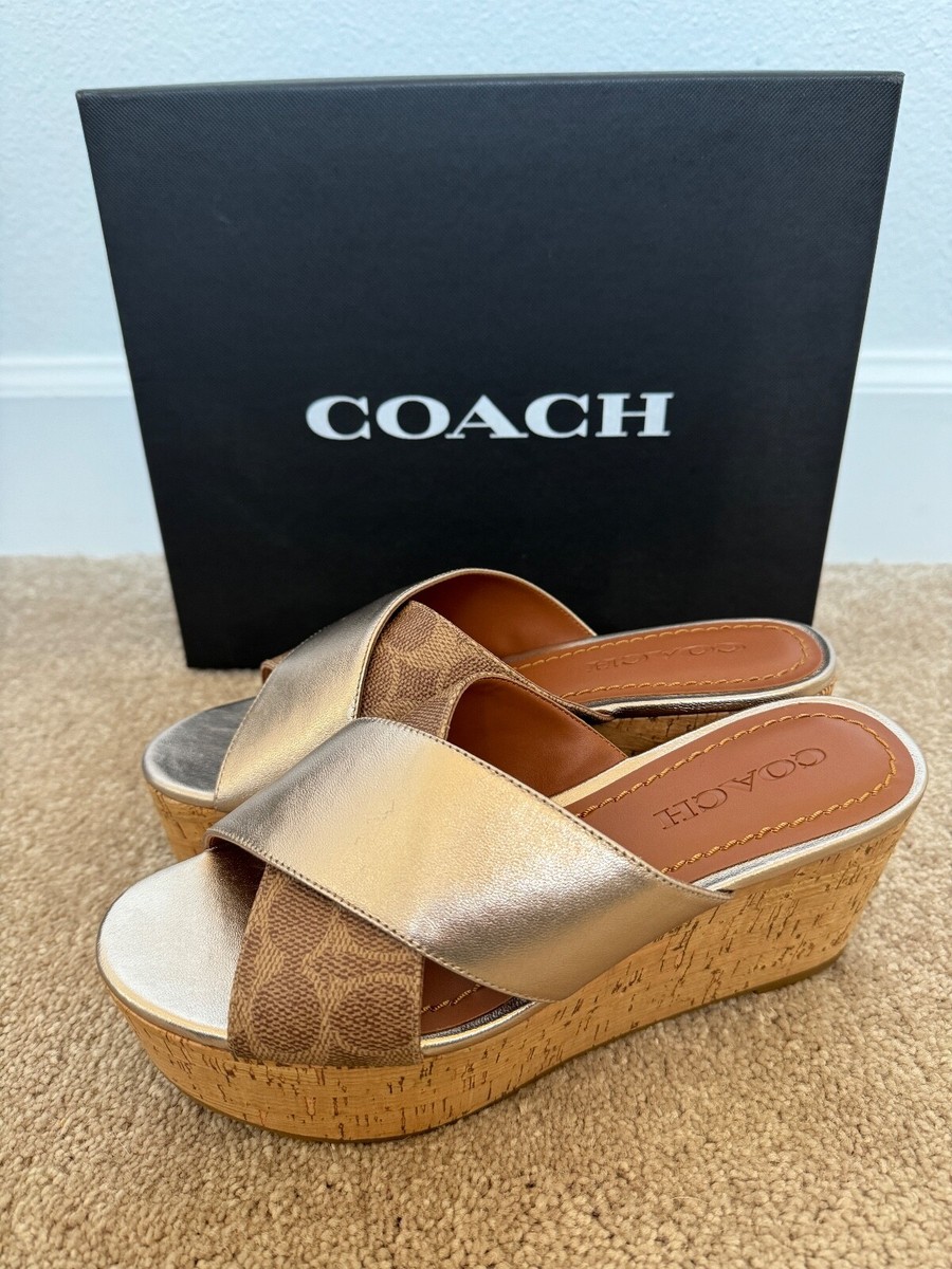 COACH Wendy Leather Wedge Slip-On Sandal US Size 7B Tan