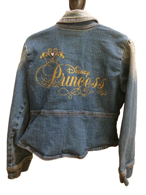 Disney Princess Blue Jean Denim Jacket gold emboss jewel accent Size M sz 7/8 