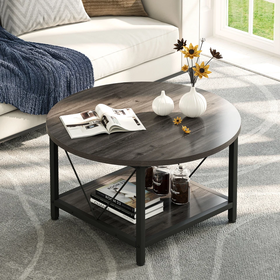 2-Tier Modern Round Coffee Table with Storage Open Shelf Home Office Living Room - Image 4 of 4