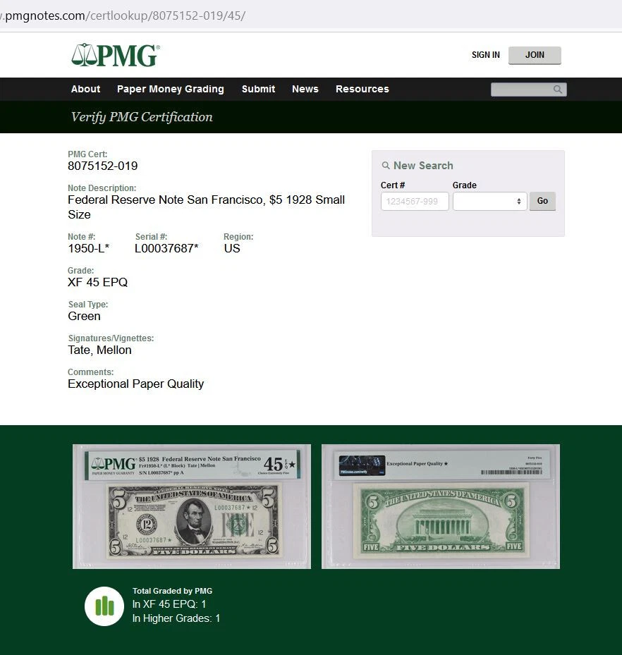 1928 $5 FRN PMG 45EPQ - 2nd Highest Graded San Francisco Star Fr 1950-L* - Image 2 of 3