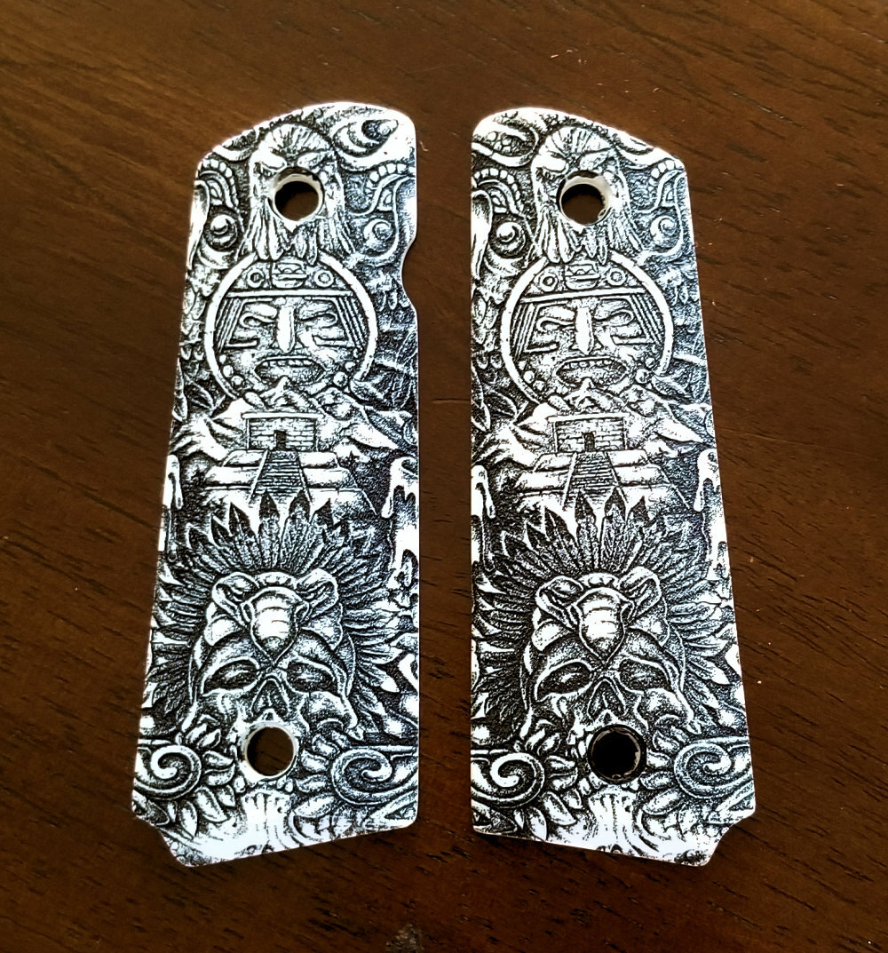 1911 custom engraved imitation ivory scrimshaw grips Aztec Gods