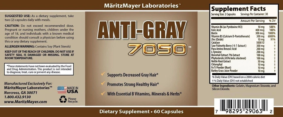 12 Pack Anti Gray Hair 7050 Restore Natural Hair Color Supplement 60 Capsules - Image 3 of 3