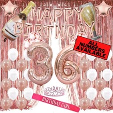 36th Birthday Rose Gold Decorations - 40" Number Balloons, Foil Curtains  More