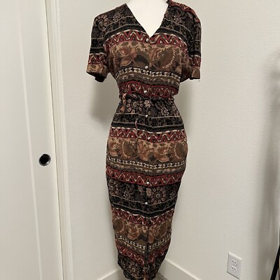 knee length dresses for ladies 80's Smocked Midi Dress with Tribal Print (S-M)