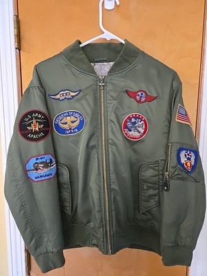 Flightline Boys Authentic Flight Bomber Jacket in Green Patches Size 14-16