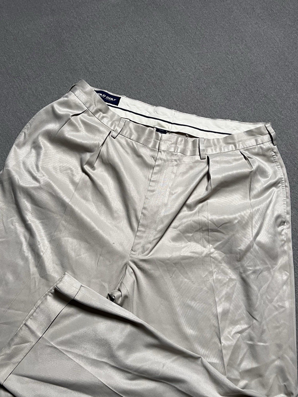 Polo Ralph Lauren Pants Mens 38x30 Beige Khaki Chino Cotton Pleated Golf Shiny