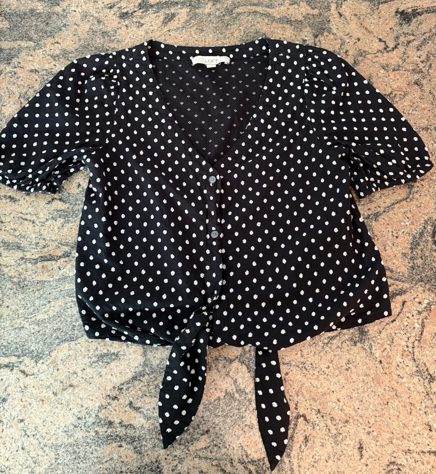 Loft Black and White Polka Dot Tie-Front Short Sleeve Blouse Size Small