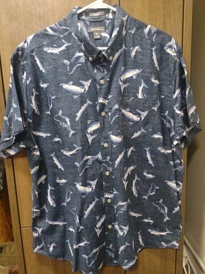 Eddie Bauer Shirt Men's Blue XL Trout Fish Print Button Up Outdoor Casual