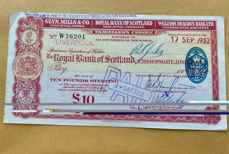 1952 The Royal Bank Of Scotland - Ten Pounds Sterling Travelers Cheque (Check)