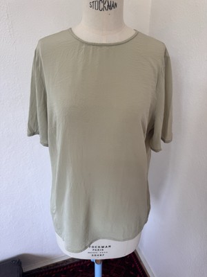 Akris 100% silk top blouse green sage pastel short sleeve size L Luxury Quality