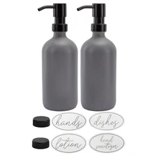 16oz Glass Pump Bottles 2pk, Gray w/ Black w/ Brushed Metal Tops- Darware