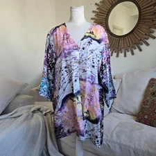 Poème by Citron Womens Purple Floral Asian Inspired Button Up Tunic Top Size 1X
