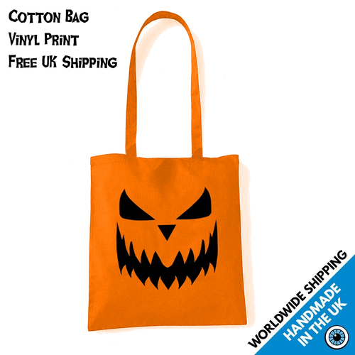 Kürbisgesicht Halloween Tragetasche • Trick or Treat Sack mit langen Henkeln • Baumwolle - Bild 1 von 5