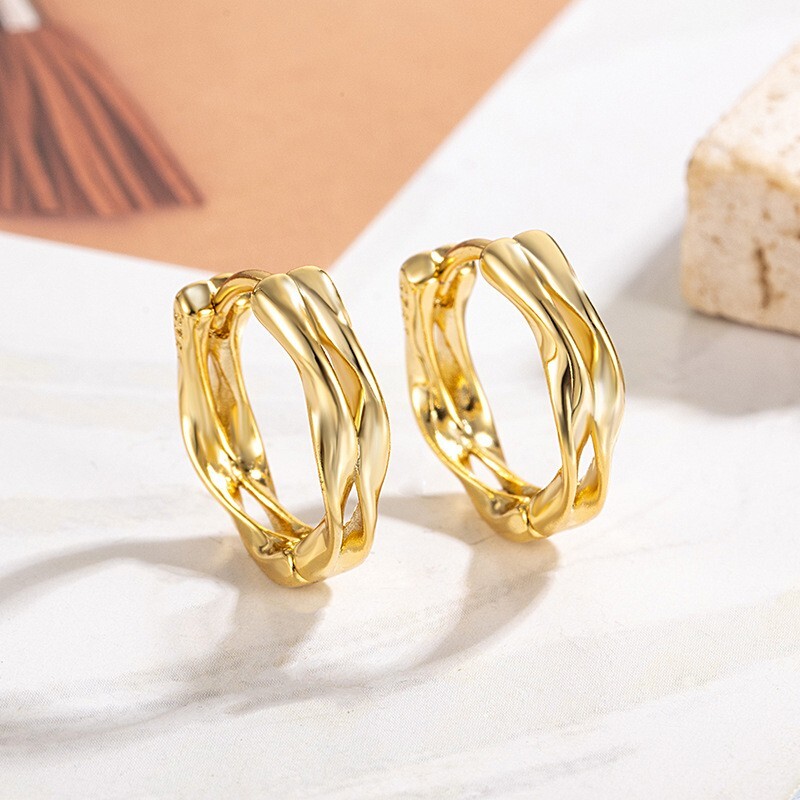 Gold Plated 925 Silver Double Twist Hoop Circle Huggie Earrings