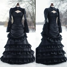 Gothic Victorian Black Wedding Dress High Neck Long Sleeves Satin Corset Gown
