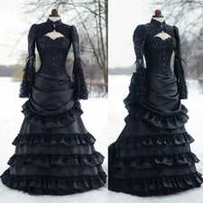Gothic Victorian Black Wedding Dress High Neck Long Sleeves Satin Corset Gown