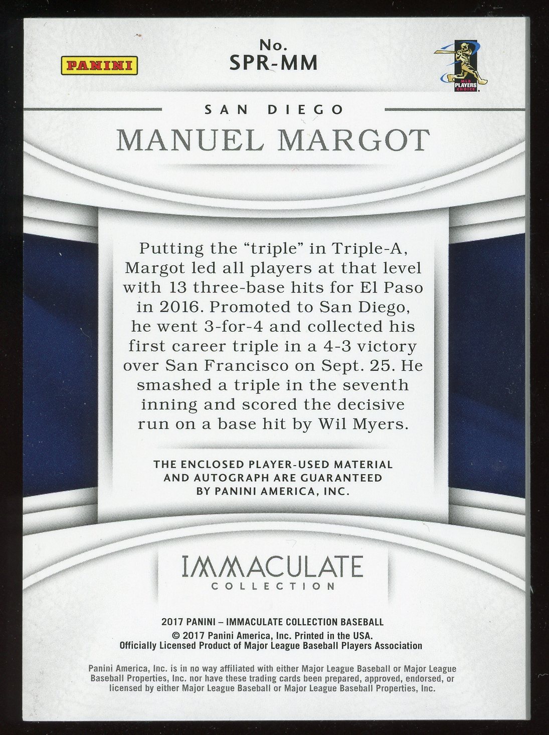 Manuel Margot 2017 Panini Immaculate Auto Patch Relic Serial #d 23/49  view 2