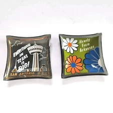 2 Pc. Mini Glass Ashtray Souvenirs Texas Arkansas Mod Flowers Tower 2.5" Vintage